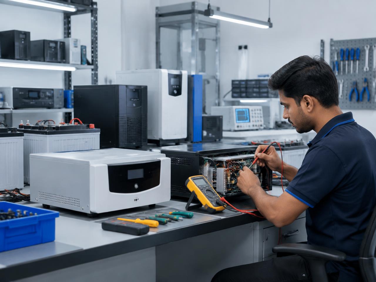 Inverter and UPS units being tested in a professional workshop